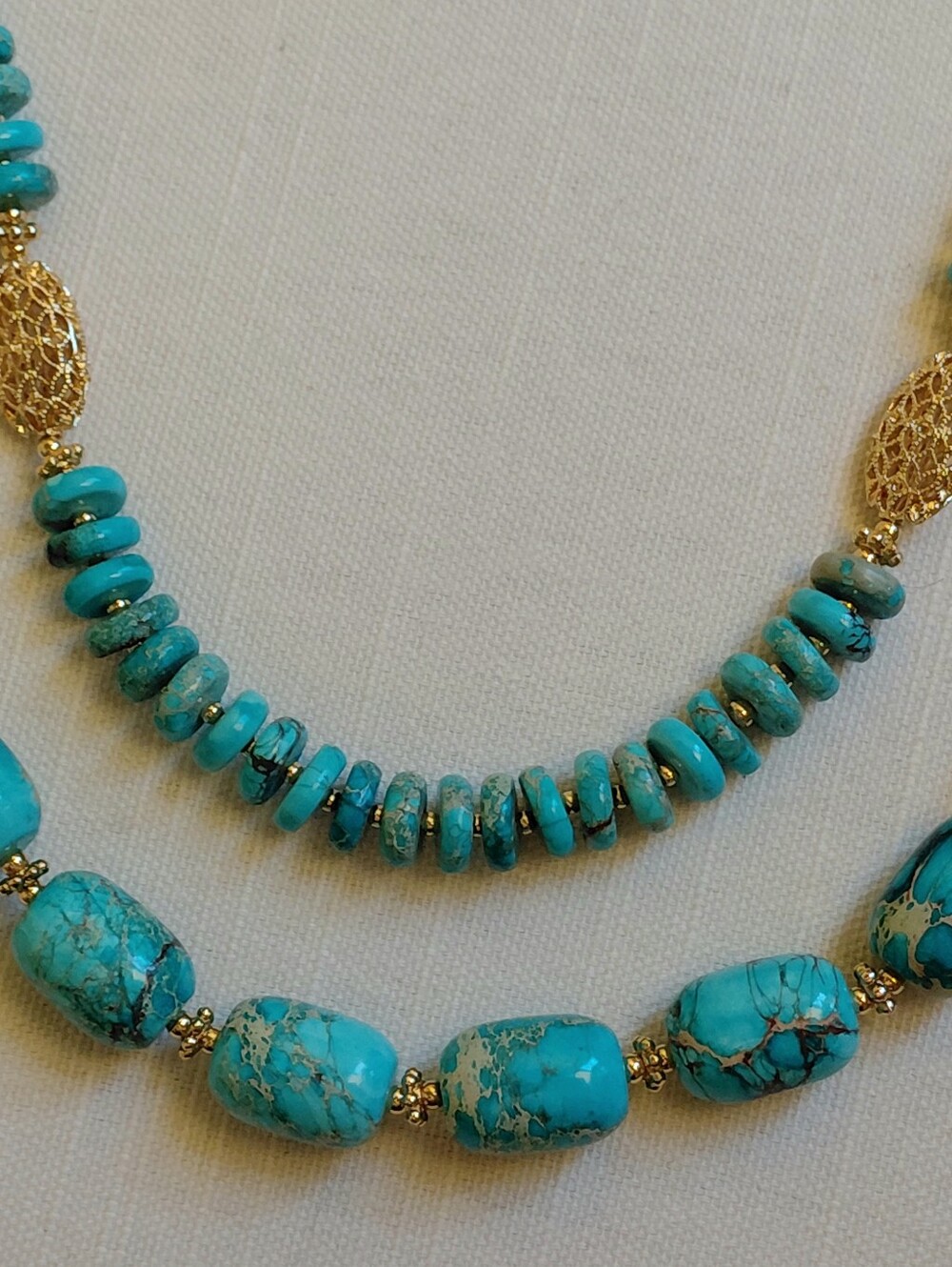 Stauer Blue Sea Sediment Jasper And 18k Gold Plated 2 Strand Necklace EUC
